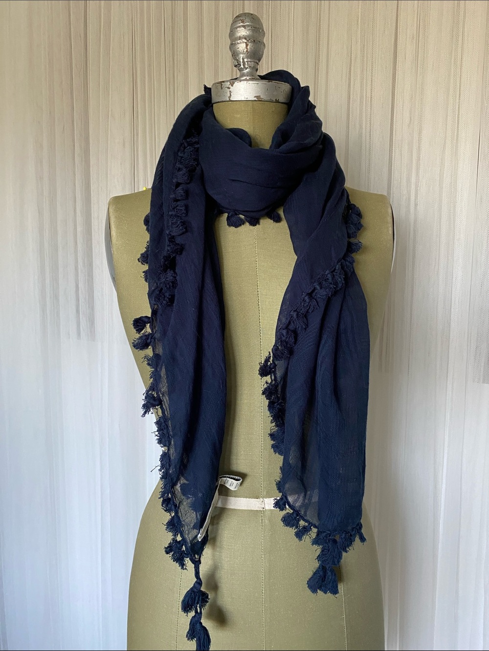 Abercrombie & Fitch Sheer Navy Tassel Trim Wrap- Scarf Size 45”x44”